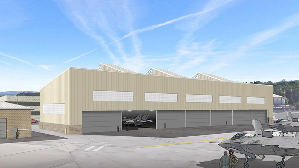 Rendering of airplane hangar.