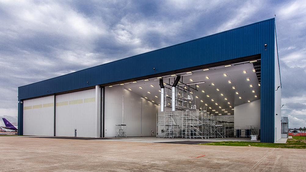 Exterior of airplane hangar.